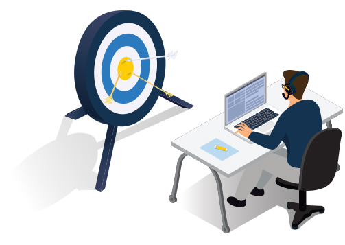 Vector graphic of a man at a desk with a headset on. Infront of him is a target with arrows in the bullseye
