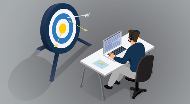 Vector graphic of a man at a desk with a target infront of him.