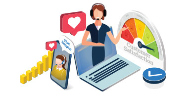 a customer satisfacation gauge with a call center rep in front. Heart icons and a graph is in the background.