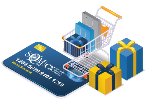 A shopping card with gift bags and presents on top of an SQM credit card