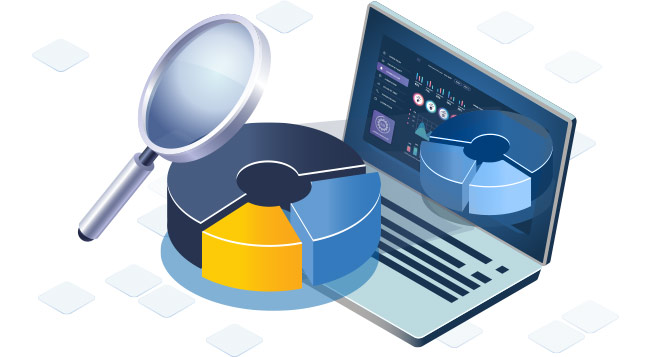 a computer with a magnifying glass looking at reports surrounded by other computers and graphs