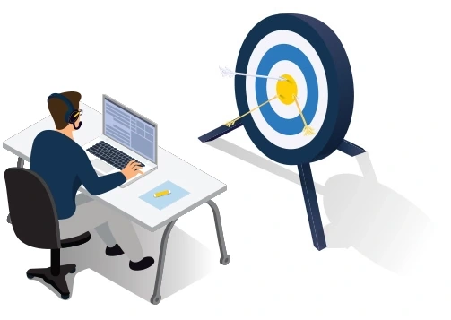 vector image of a man at a desk in front of a target with arrows