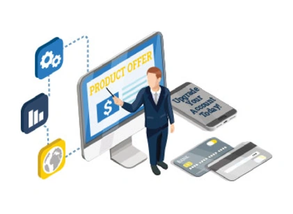 inforgraphic of a business man in front of a computer screen