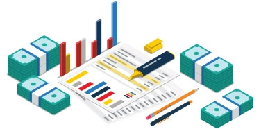 infographic of charts and stacks of money