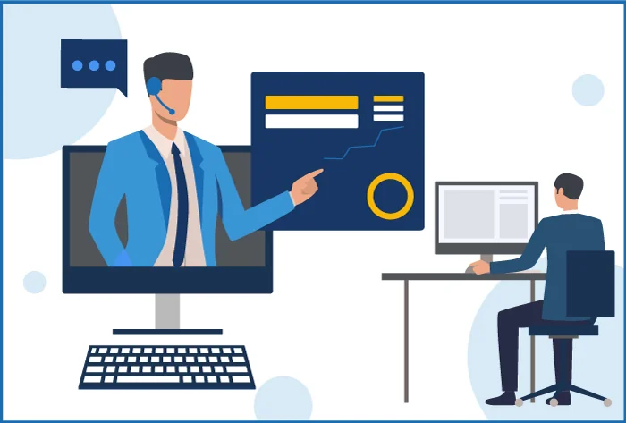 vector graphic of an agent pointing at graphs and charts