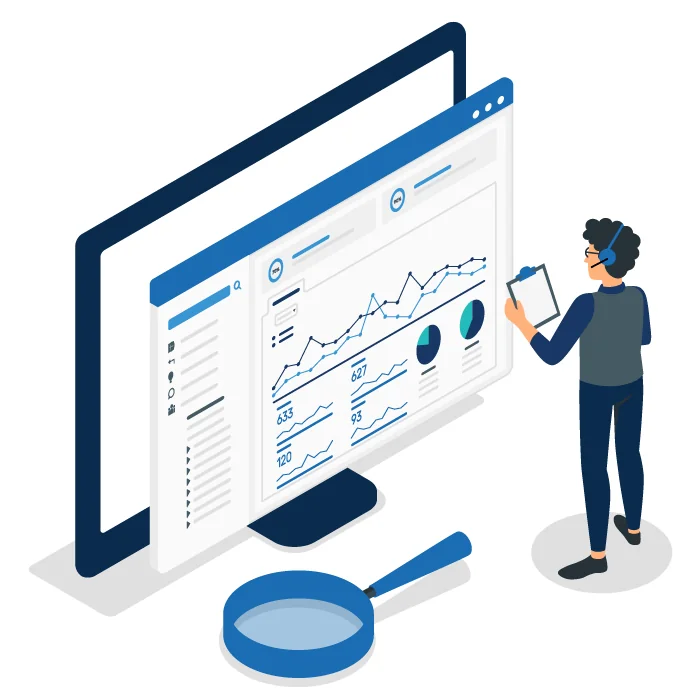 vector graphic showing a call center agent next to a large graph dashboard