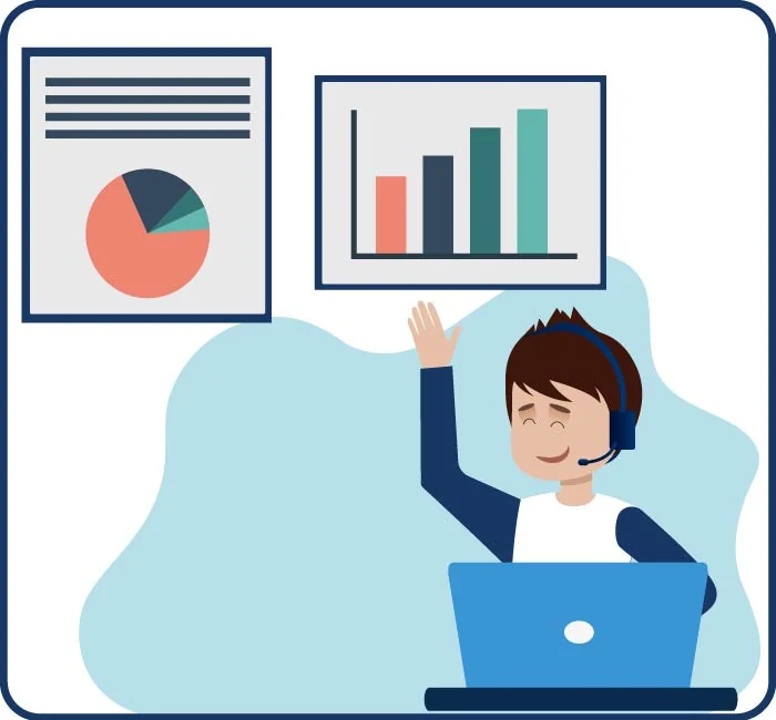 call center agent reviewing graphs and charts