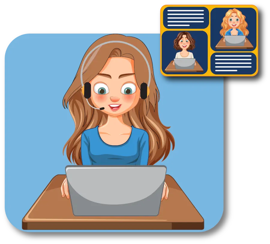 cartoon styled call center agent sitting at desk using a computer